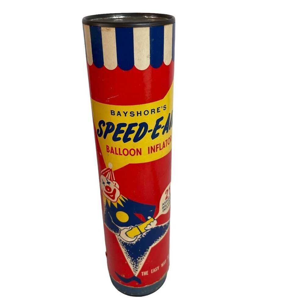 Vintage Bayshore's Speed-E-Air Balloon Inflator Tin Can Clown Graphics  10" Tall